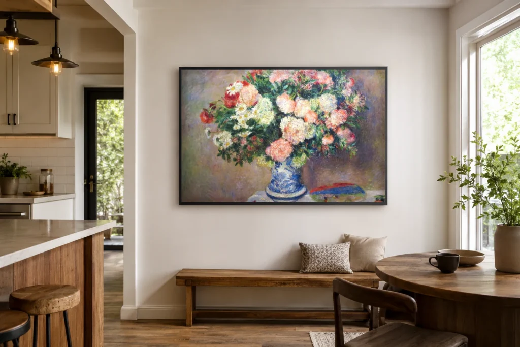 Framed print of Bouquet of Chrysanthemums and a Japanese Fan hanging on a wall in a furnished room