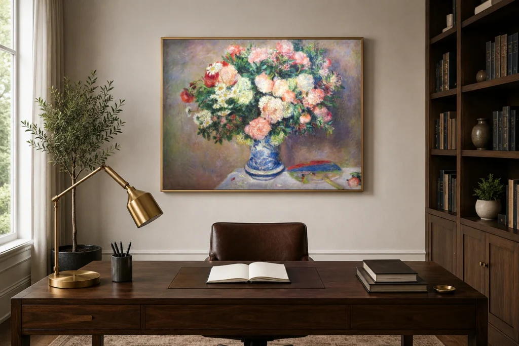 Framed print of Bouquet of Chrysanthemums and a Japanese Fan hanging on a wall in a furnished room
