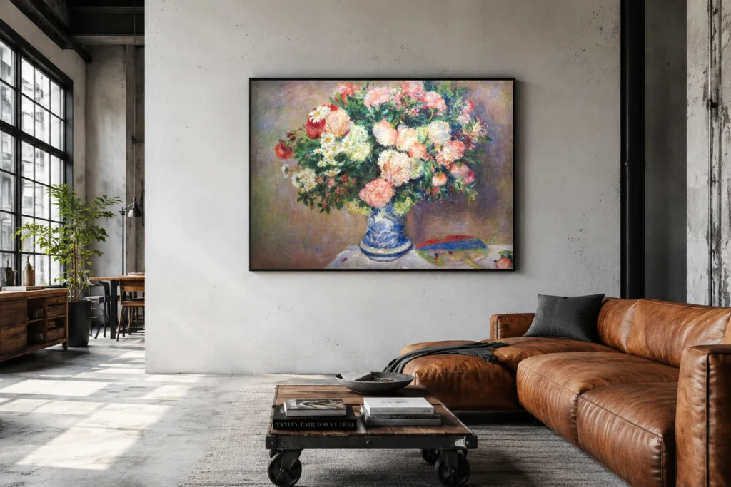 Framed print of Bouquet of Chrysanthemums and a Japanese Fan hanging on a wall in a furnished room
