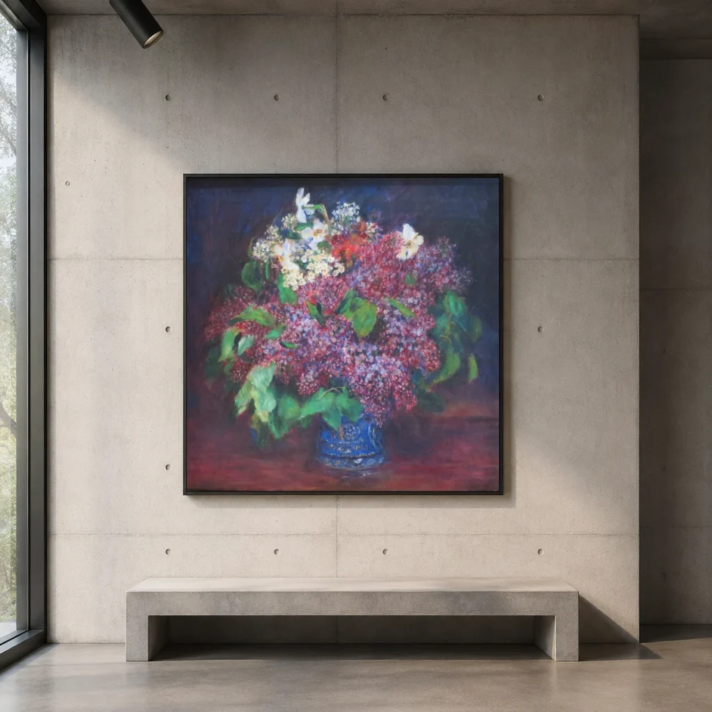 Framed print of Bouquet of Lilacs hanging on a wall in a furnished room