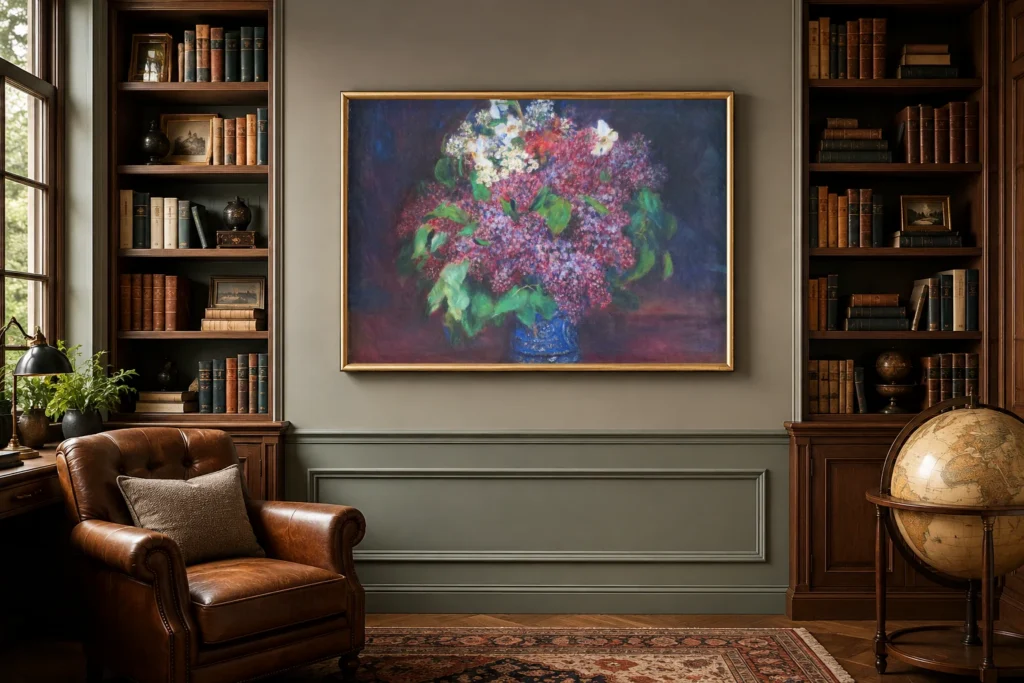 Framed print of Bouquet of Lilacs hanging on a wall in a furnished room