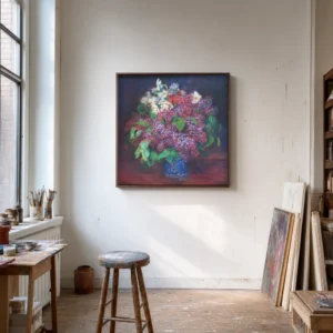 Framed print of Bouquet of Lilacs hanging on a wall in a furnished room