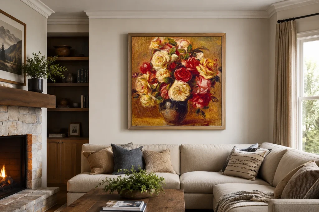 Framed print of Bouquet of Roses hanging on a wall in a furnished room