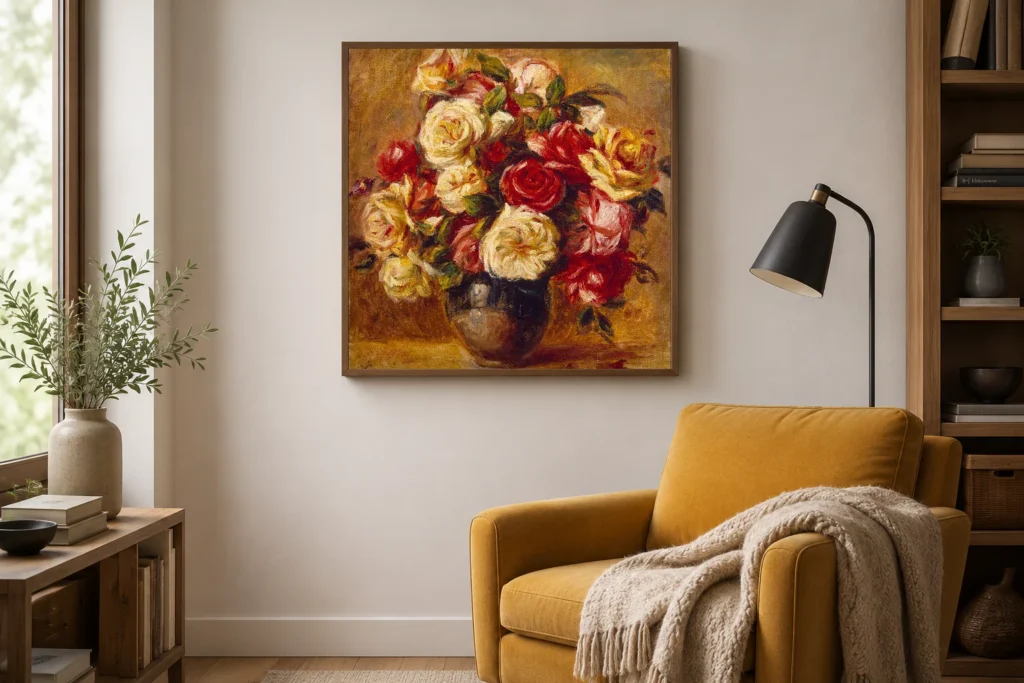 Framed print of Bouquet of Roses hanging on a wall in a furnished room