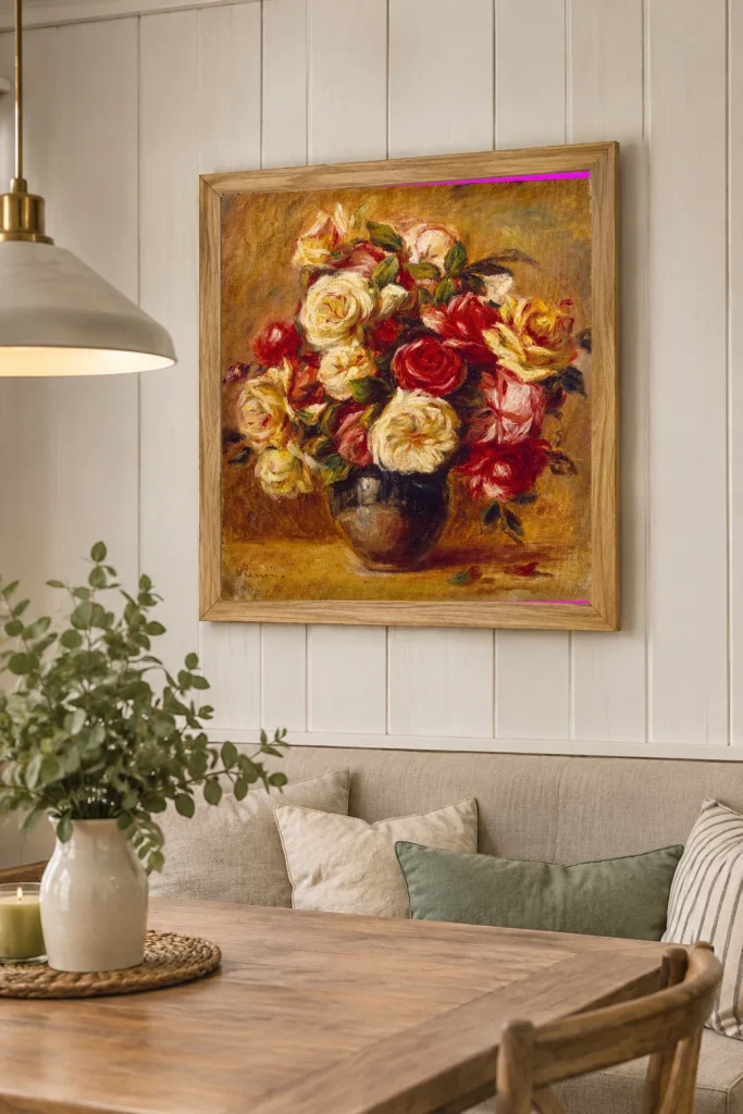 Framed print of Bouquet of Roses hanging on a wall in a furnished room