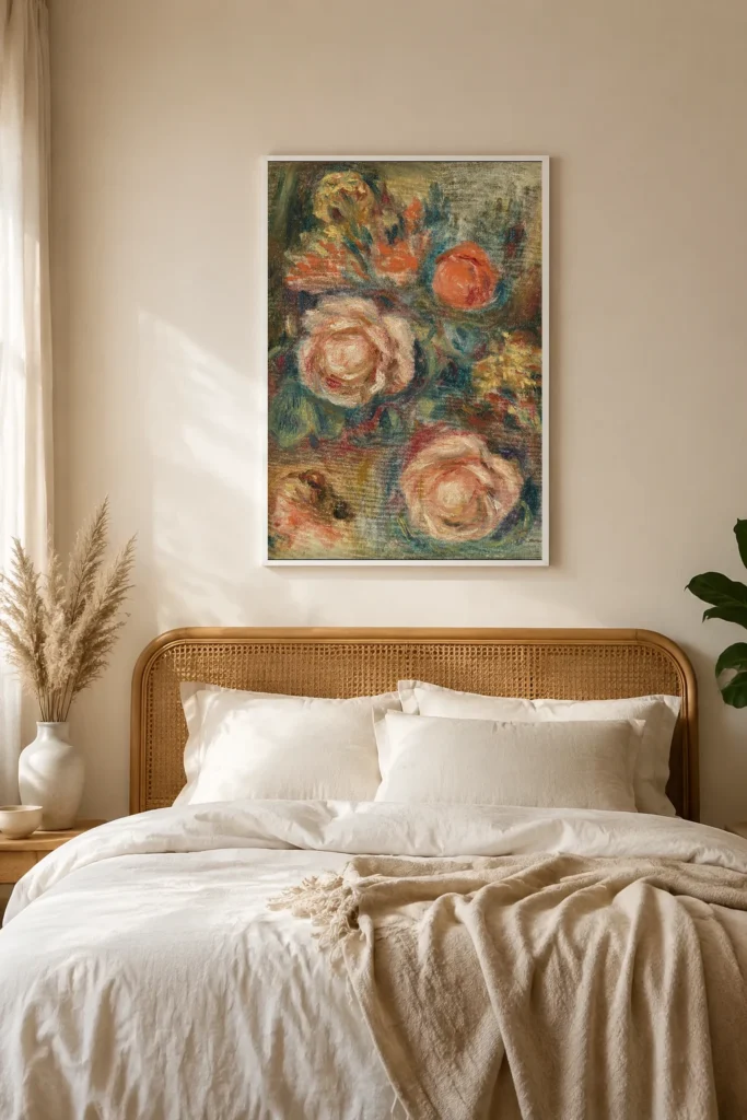 Framed print of Bouquet of Roses (Bouquet de roses) hanging on a wall in a furnished room