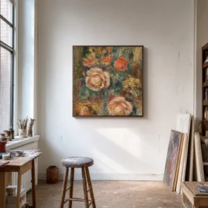 Framed print of Bouquet of Roses (Bouquet de roses) hanging on a wall in a furnished room