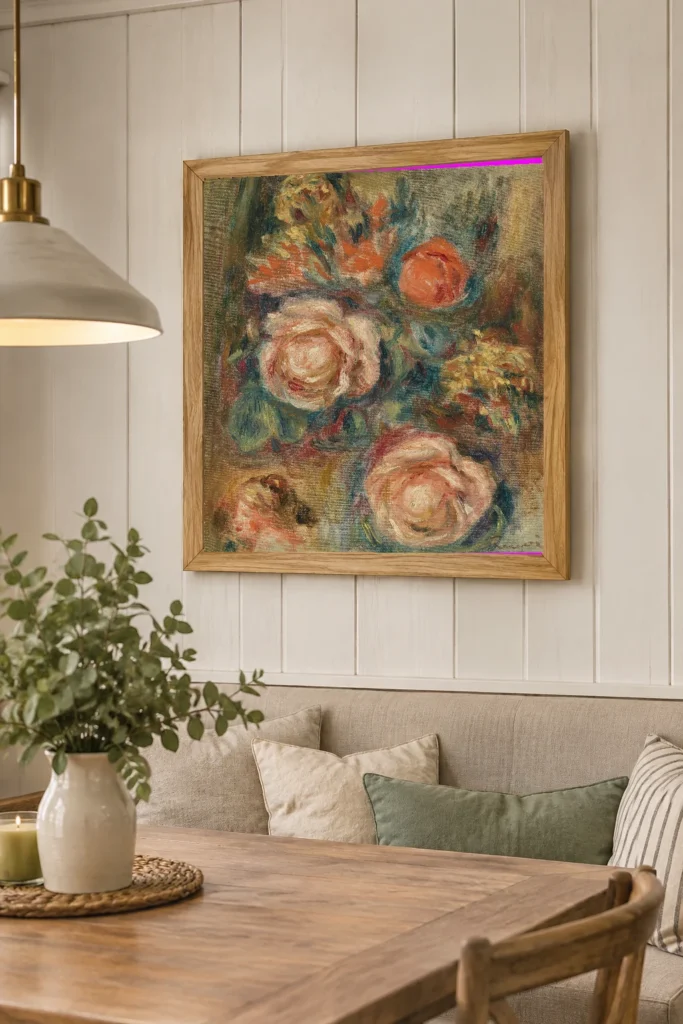Framed print of Bouquet of Roses (Bouquet de roses) hanging on a wall in a furnished room