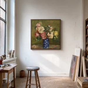 Framed print of Bouquet of Roses (Le Bouquet de roses) hanging on a wall in a furnished room