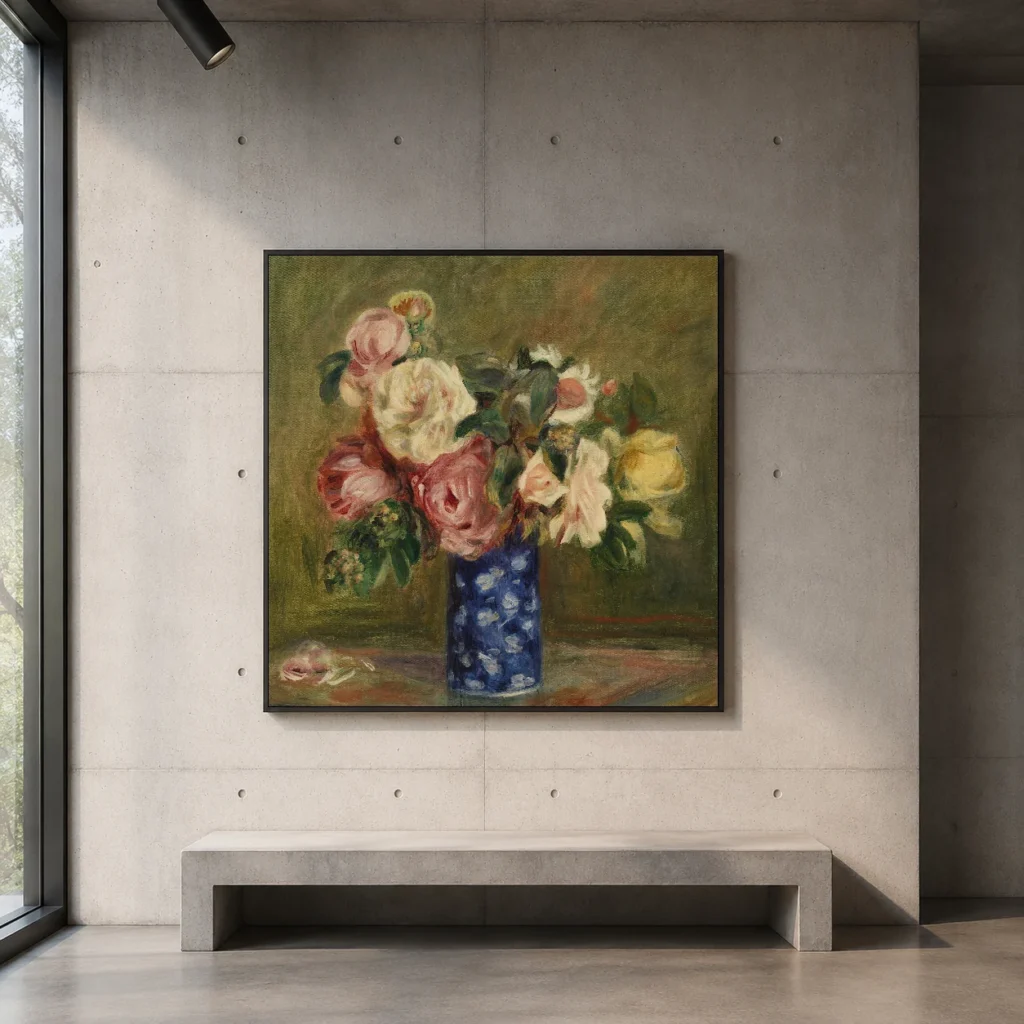 Framed print of Bouquet of Roses (Le Bouquet de roses) hanging on a wall in a furnished room