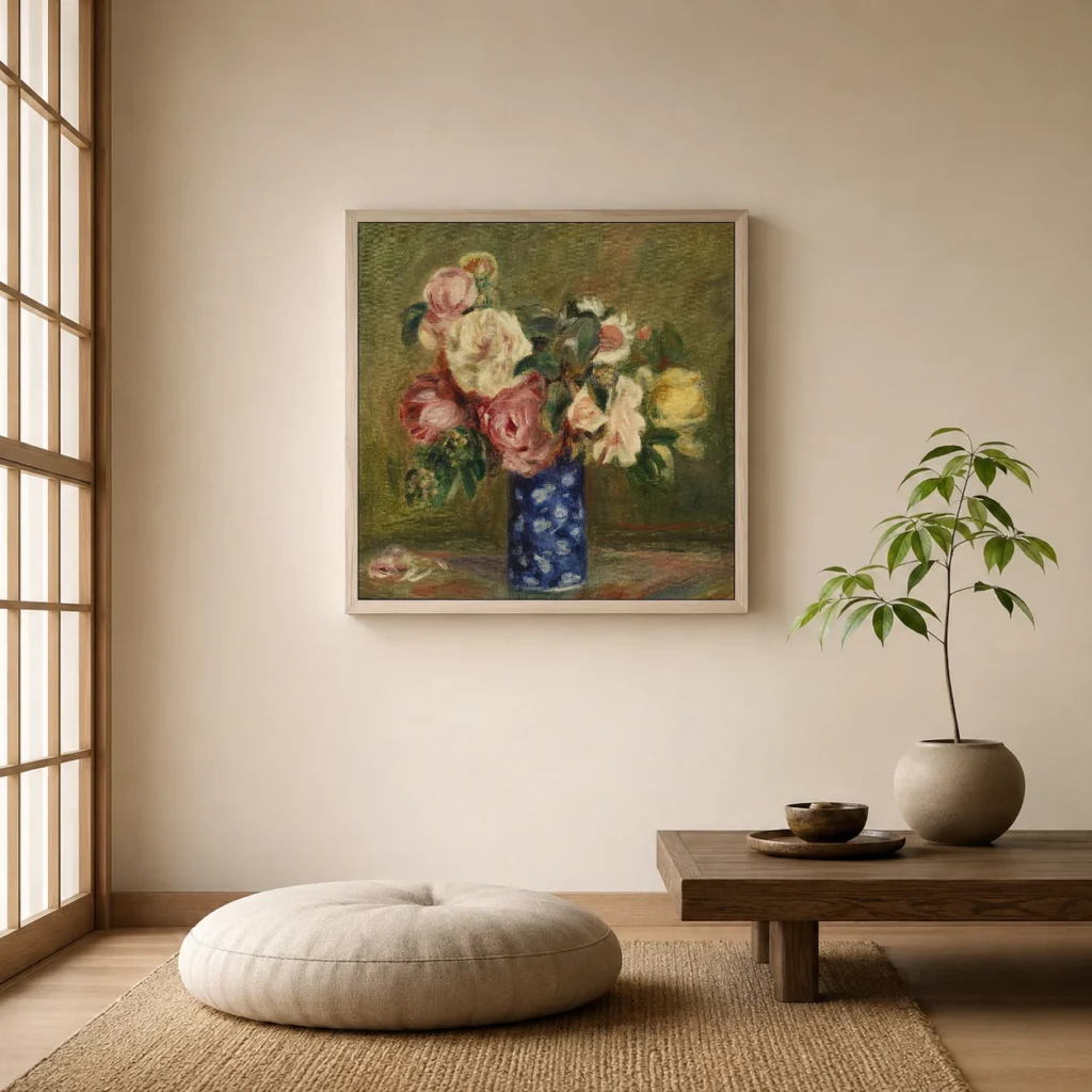 Framed print of Bouquet of Roses (Le Bouquet de roses) hanging on a wall in a furnished room