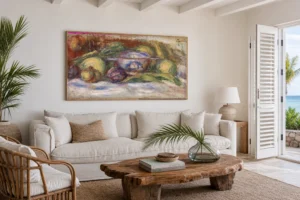 Framed print of Bowl, Figs, and Apples (Écuelle, figues et pommes) hanging on a wall in a furnished room