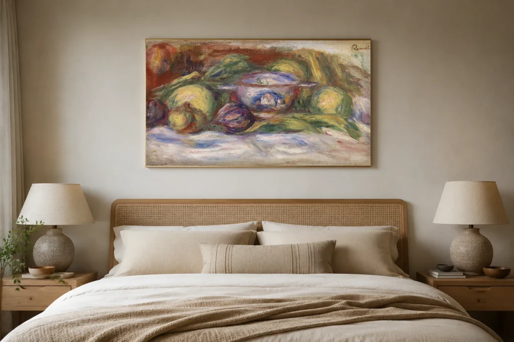 Framed print of Bowl, Figs, and Apples (Écuelle, figues et pommes) hanging on a wall in a furnished room