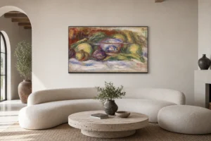 Framed print of Bowl, Figs, and Apples (Écuelle, figues et pommes) hanging on a wall in a furnished room