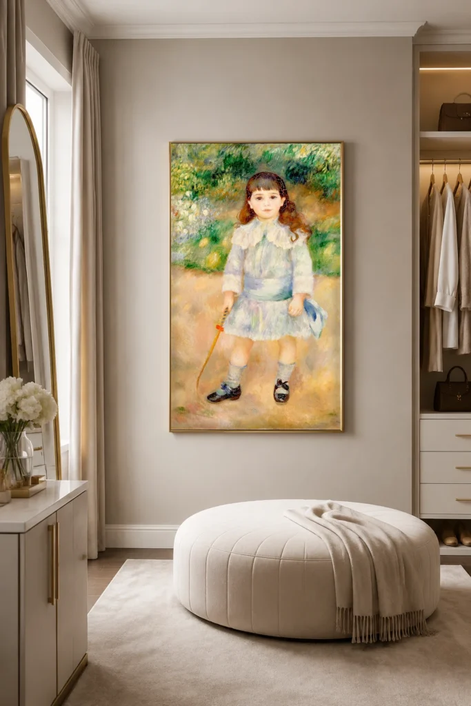 Framed print of Boy with a Whip hanging on a wall in a furnished room