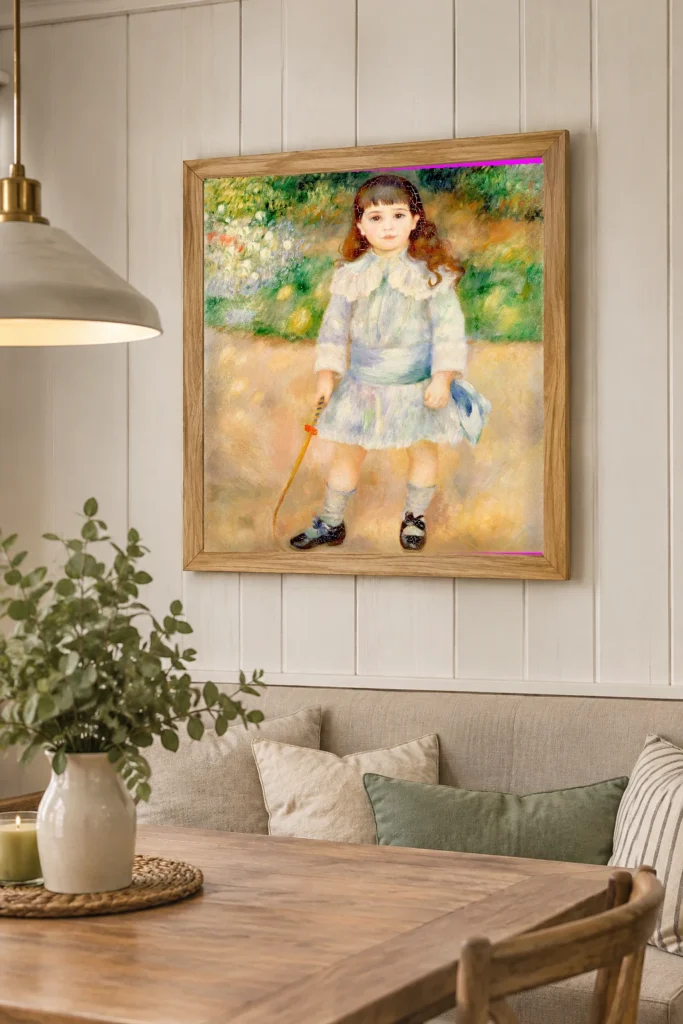 Framed print of Boy with a Whip hanging on a wall in a furnished room