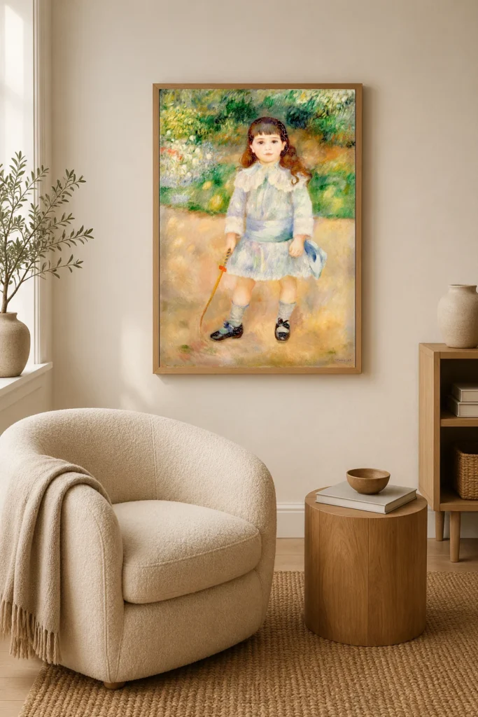 Framed print of Boy with a Whip hanging on a wall in a furnished room