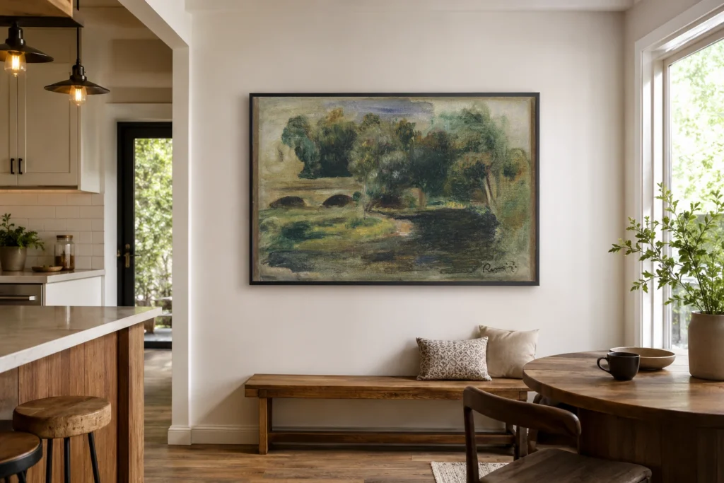 Framed print of Bridge Over a River hanging on a wall in a furnished room