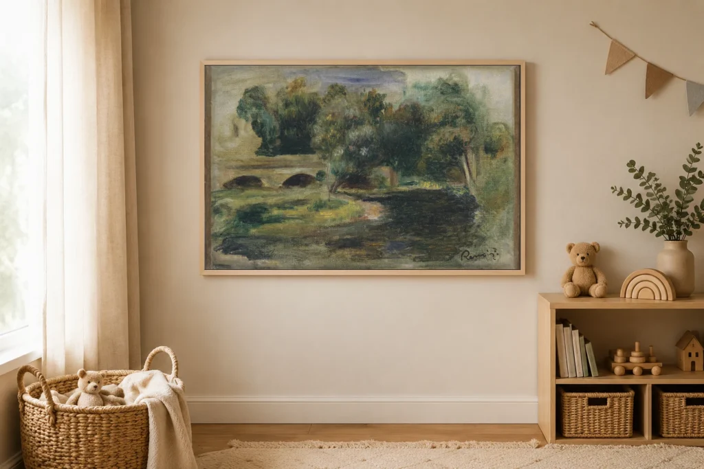 Framed print of Bridge Over a River hanging on a wall in a furnished room