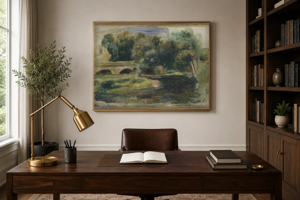 Framed print of Bridge Over a River hanging on a wall in a furnished room