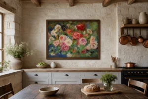 Framed print of Bush of White and Red Roses hanging on a wall in a furnished room