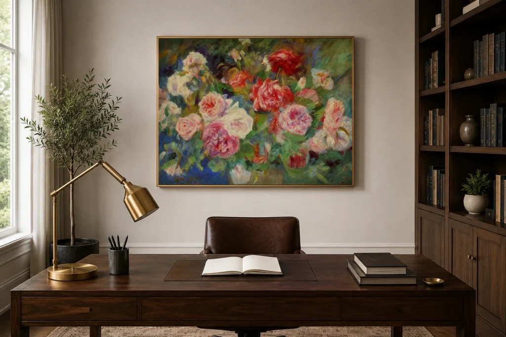 Framed print of Bush of White and Red Roses hanging on a wall in a furnished room