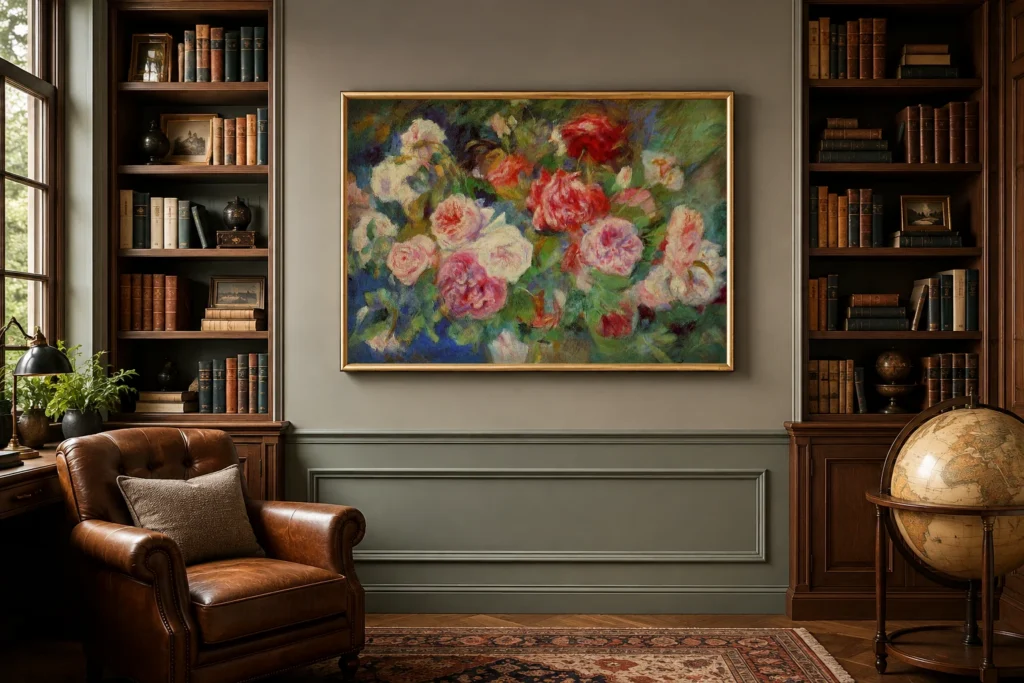 Framed print of Bush of White and Red Roses hanging on a wall in a furnished room