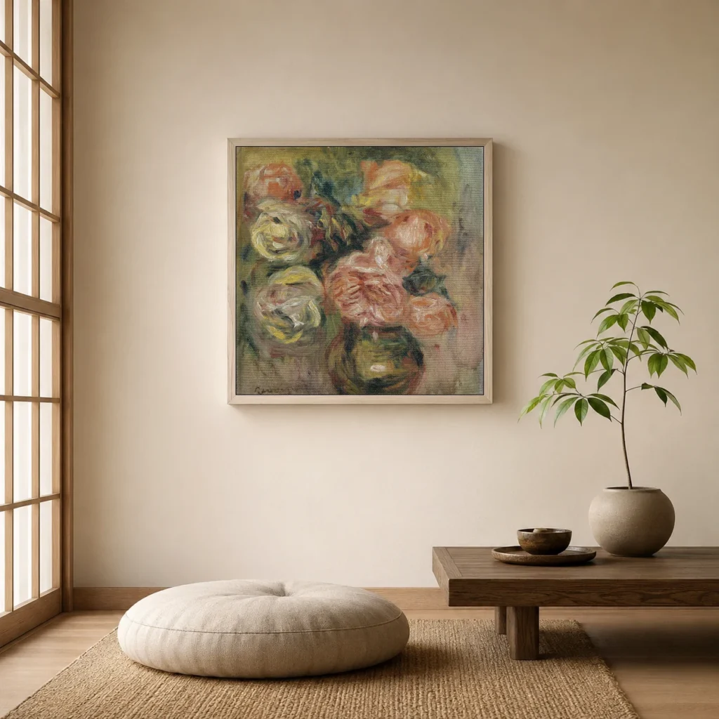 Framed print of Bunch of roses hanging on a wall in a furnished room
