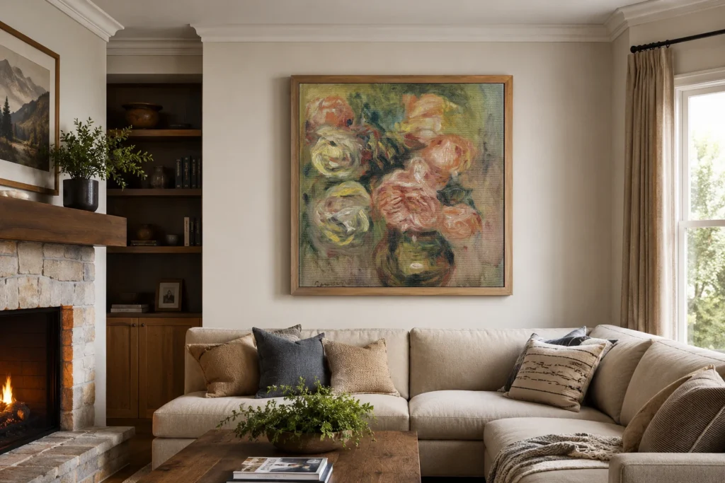 Framed print of Bunch of roses hanging on a wall in a furnished room