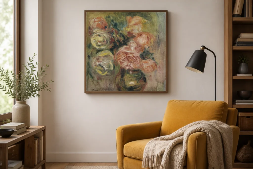 Framed print of Bunch of roses hanging on a wall in a furnished room