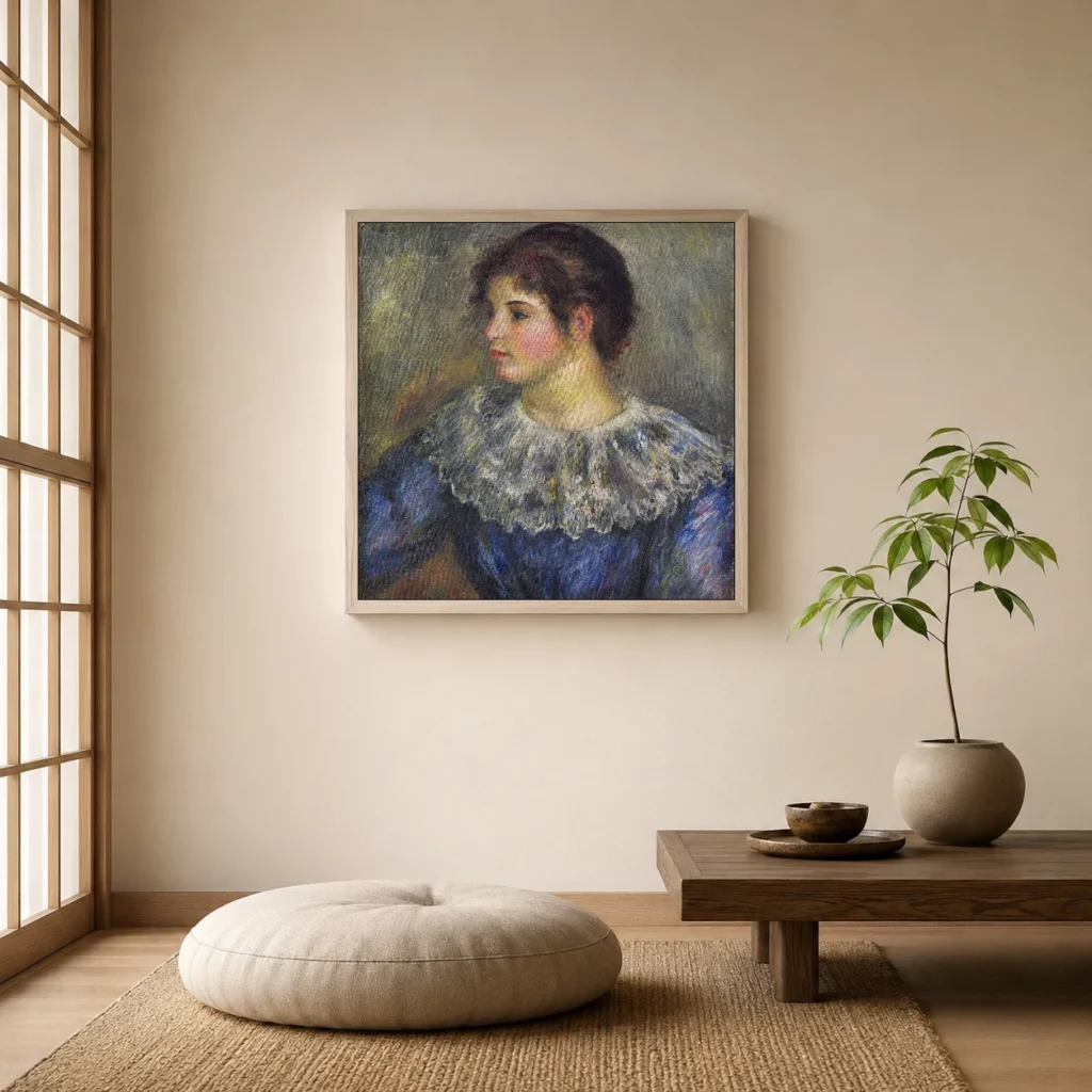 Framed print of Bust Portrait of a Young Woman hanging on a wall in a furnished room