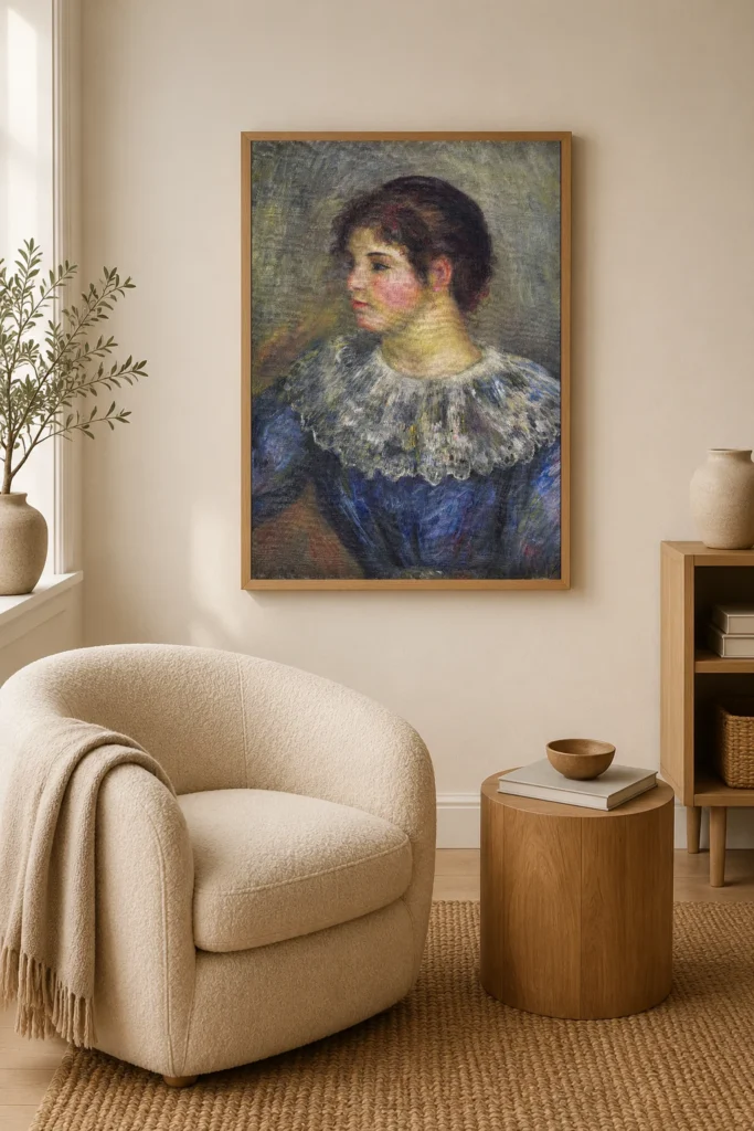 Framed print of Bust Portrait of a Young Woman hanging on a wall in a furnished room