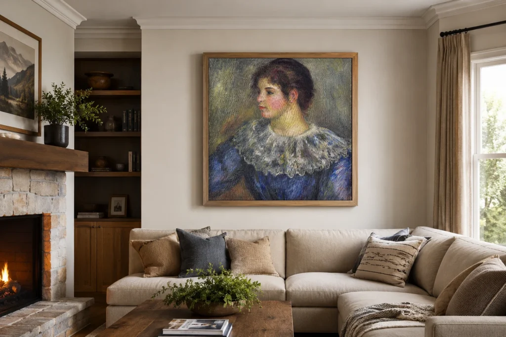 Framed print of Bust Portrait of a Young Woman hanging on a wall in a furnished room