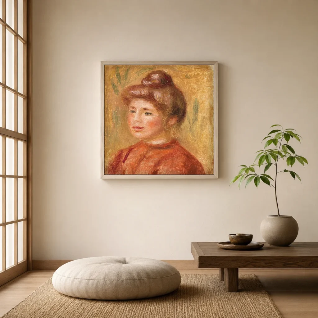 Framed print of Bust of Woman in Red (Buste de femme en rouge) hanging on a wall in a furnished room