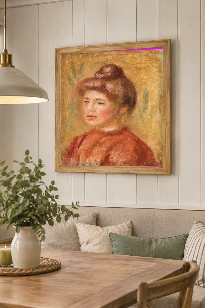 Framed print of Bust of Woman in Red (Buste de femme en rouge) hanging on a wall in a furnished room