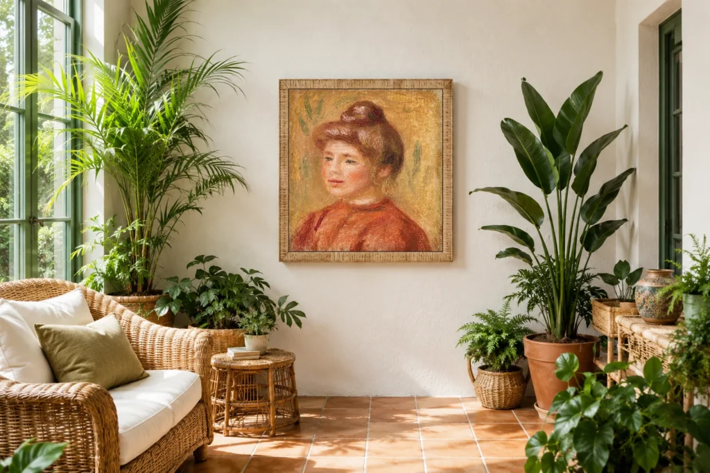 Framed print of Bust of Woman in Red (Buste de femme en rouge) hanging on a wall in a furnished room