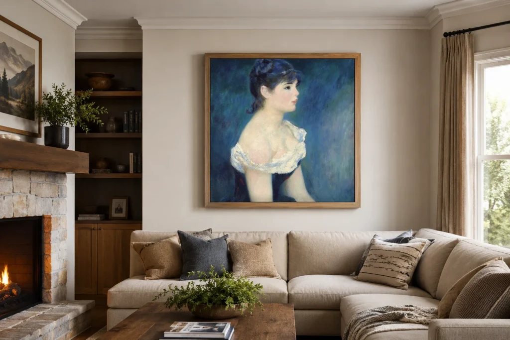 Framed print of Bust of a Woman in Profile, Blue and Black Background hanging on a wall in a furnished room