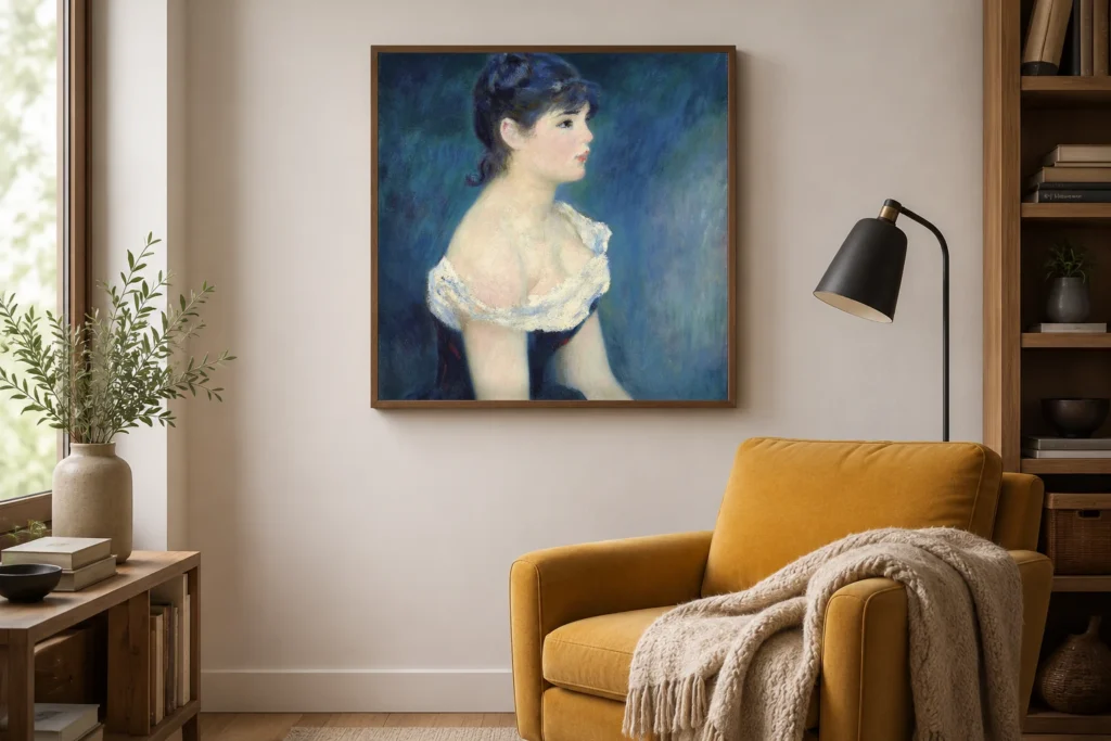 Framed print of Bust of a Woman in Profile, Blue and Black Background hanging on a wall in a furnished room