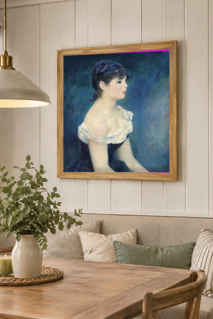 Framed print of Bust of a Woman in Profile, Blue and Black Background hanging on a wall in a furnished room