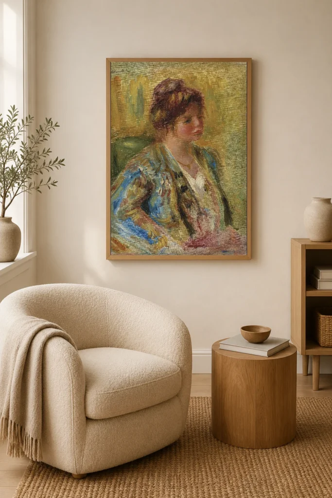 Framed print of Bust of a Woman in Oriental Costume hanging on a wall in a furnished room