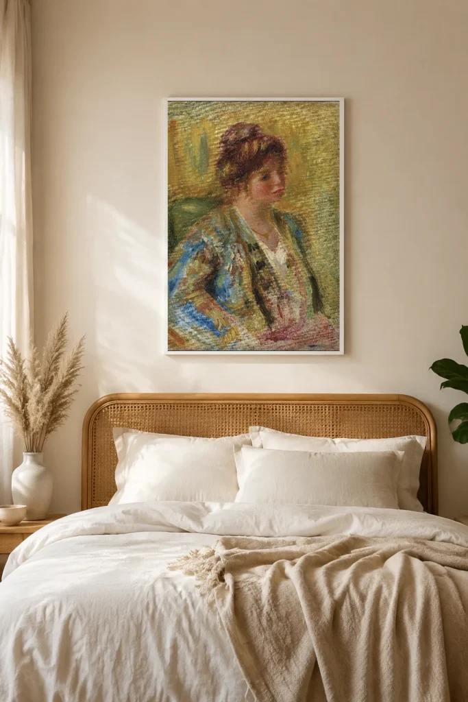 Framed print of Bust of a Woman in Oriental Costume hanging on a wall in a furnished room