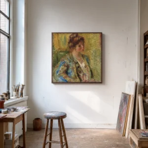 Framed print of Bust of a Woman in Oriental Costume hanging on a wall in a furnished room