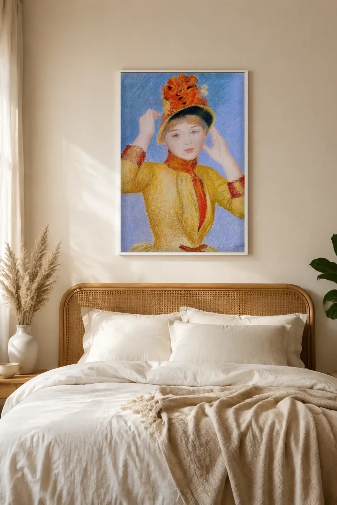 Framed print of Buste of Woman in Yellow Dress hanging on a wall in a furnished room