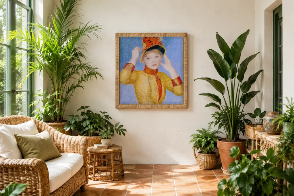 Framed print of Buste of Woman in Yellow Dress hanging on a wall in a furnished room
