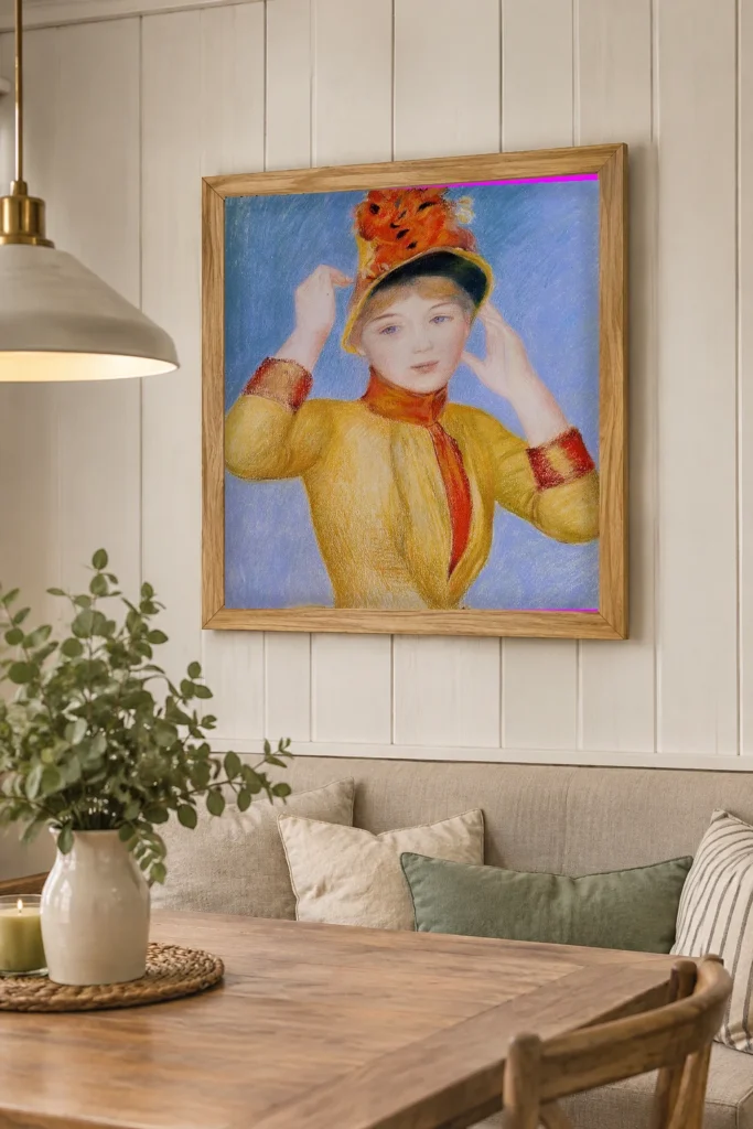 Framed print of Buste of Woman in Yellow Dress hanging on a wall in a furnished room