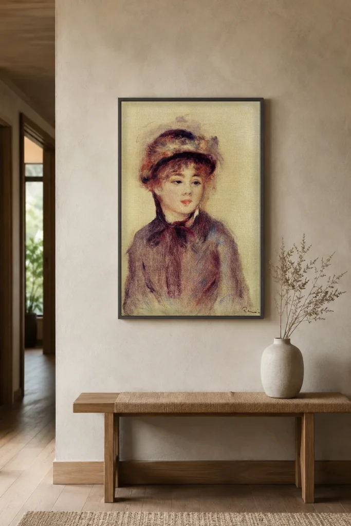 Framed print of Buste of Woman Wearing a Hat hanging on a wall in a furnished room