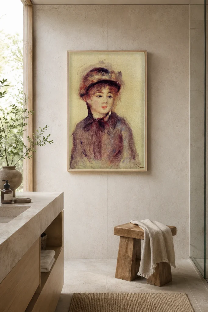 Framed print of Buste of Woman Wearing a Hat hanging on a wall in a furnished room