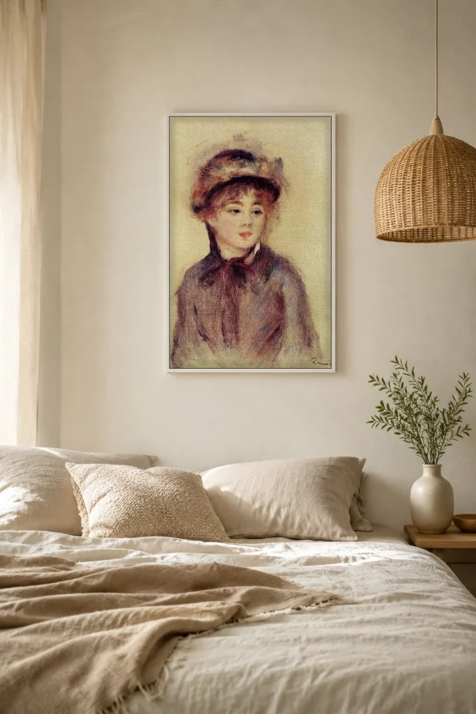 Framed print of Buste of Woman Wearing a Hat hanging on a wall in a furnished room