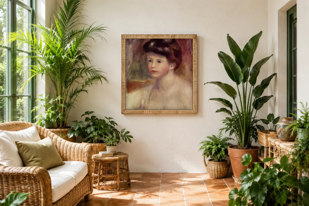 Framed print of Buste of a Young Woman hanging on a wall in a furnished room