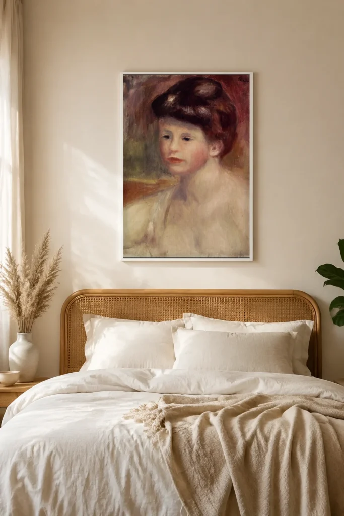 Framed print of Buste of a Young Woman hanging on a wall in a furnished room